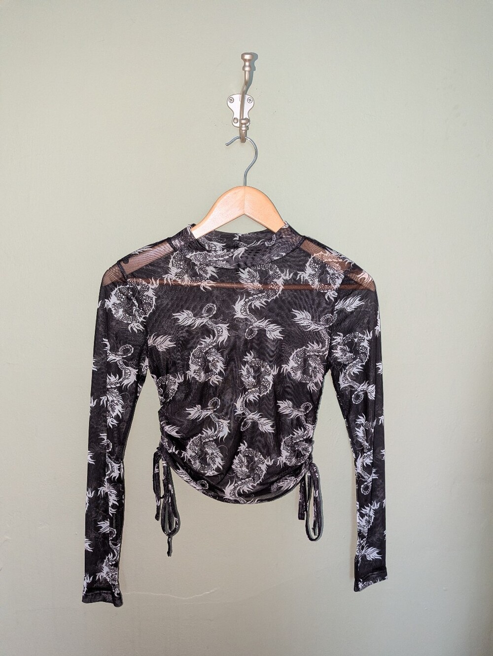 Forever 21 Black Sheer Long-Sleeve Floral Tie-Side Top